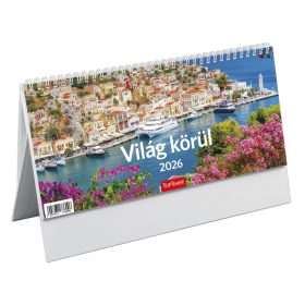   Világ körül asztali naptár fehér álló papírtáblával - 2026